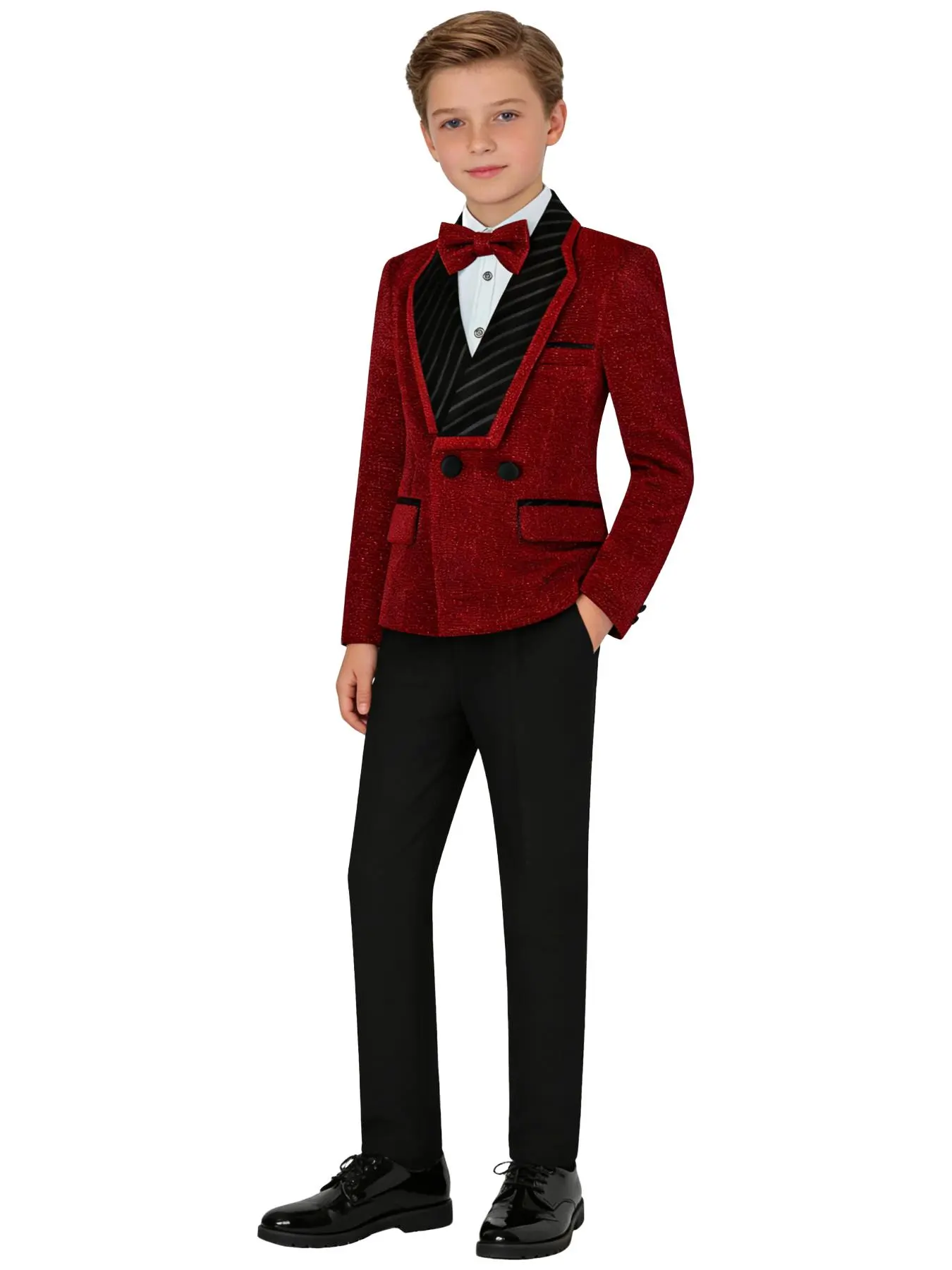 Boys' light luxury glossy gentleman dress 3-piece suit (coat + pants + bow tie), glossy children's dress, boys' birthday party stage performance little suit (excluding shirt) Costume Set Clothes Kids -25084