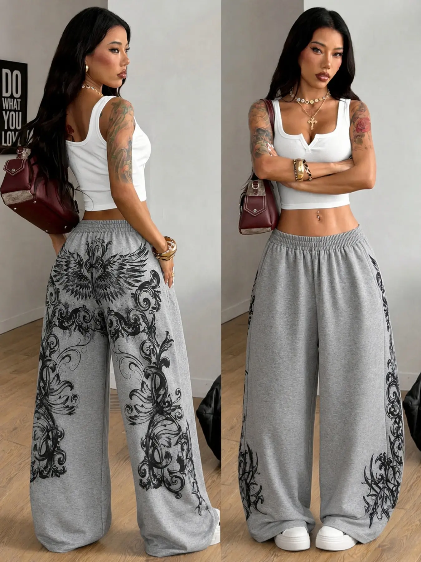Women's Grey Gothic Thorn Print Elastic Waist Wide Leg Oversized Sweatpants, Soft Fleece Fabric, Loose Floor Length Casual Trousers, Grunge Y2K Streetwear Bottoms With Side Pockets