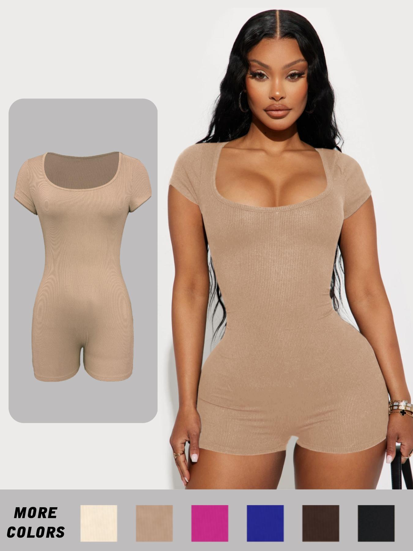 Women's Solid Scoop Neck Skinny Romper, Casual Short Sleeve Bodycon Romper, Lady's Summer Clothes for Daily Wear