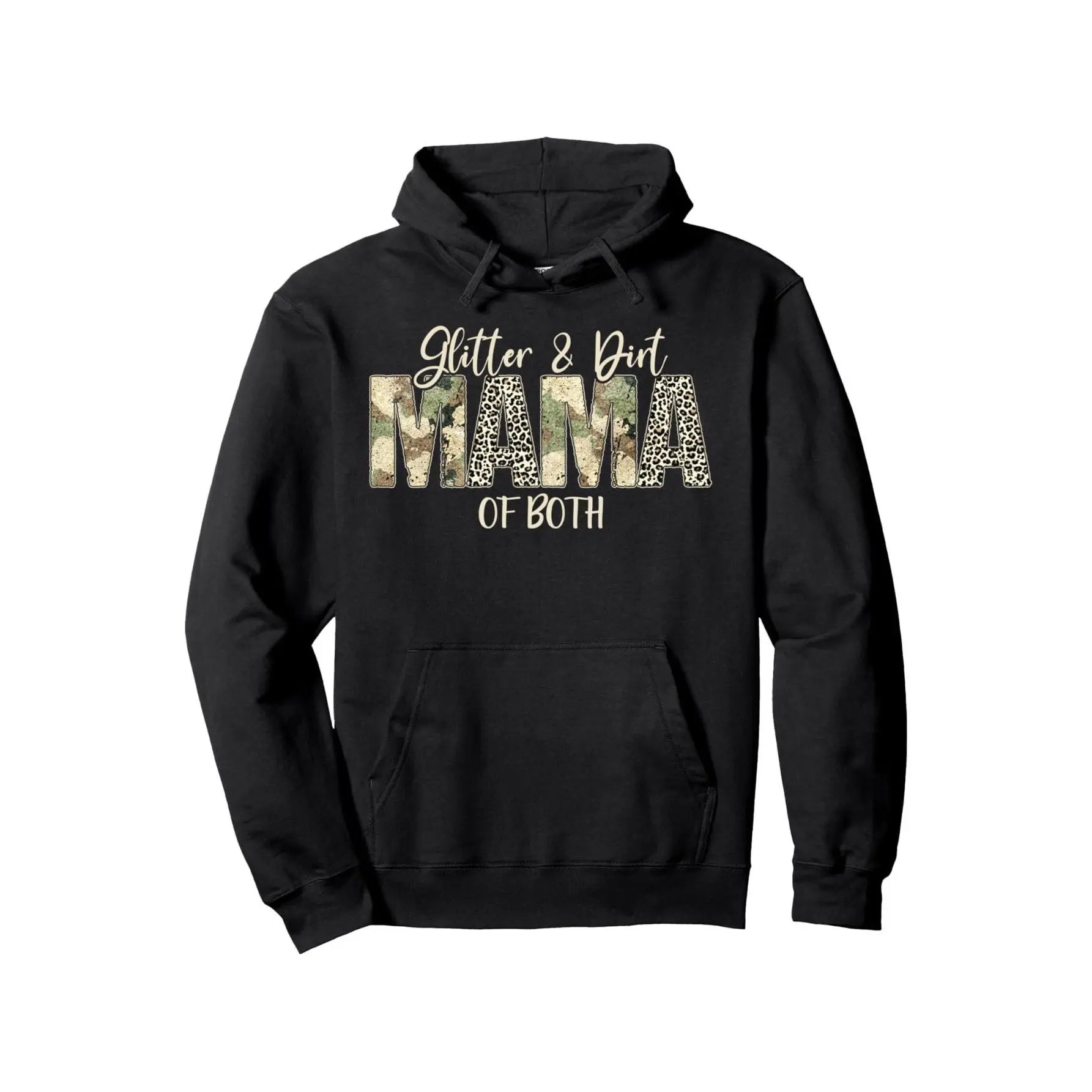 Pullover Hoodie for Mother'S Day Featuring 60% with Black Glitter And Dirt, Designed for Moms of Both Leopard And Camo Styles, Available in Sizes S-XXL, Made with 250G Fabric Weight, And 40% Polyester