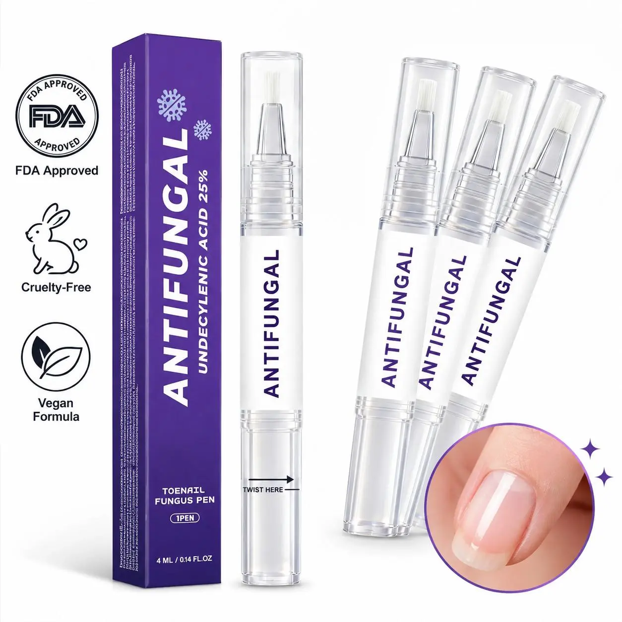 4-Count 25% Undecylenic Acid Toenail Fungus Pen, Antifungal Nail Repair Liquid, Portable Brush Applicator for Daily Nail & Foot Care, Improves Nail Appearance Therapy Wellness, Smooth Solution Therapeutic, Fungus Eliminator