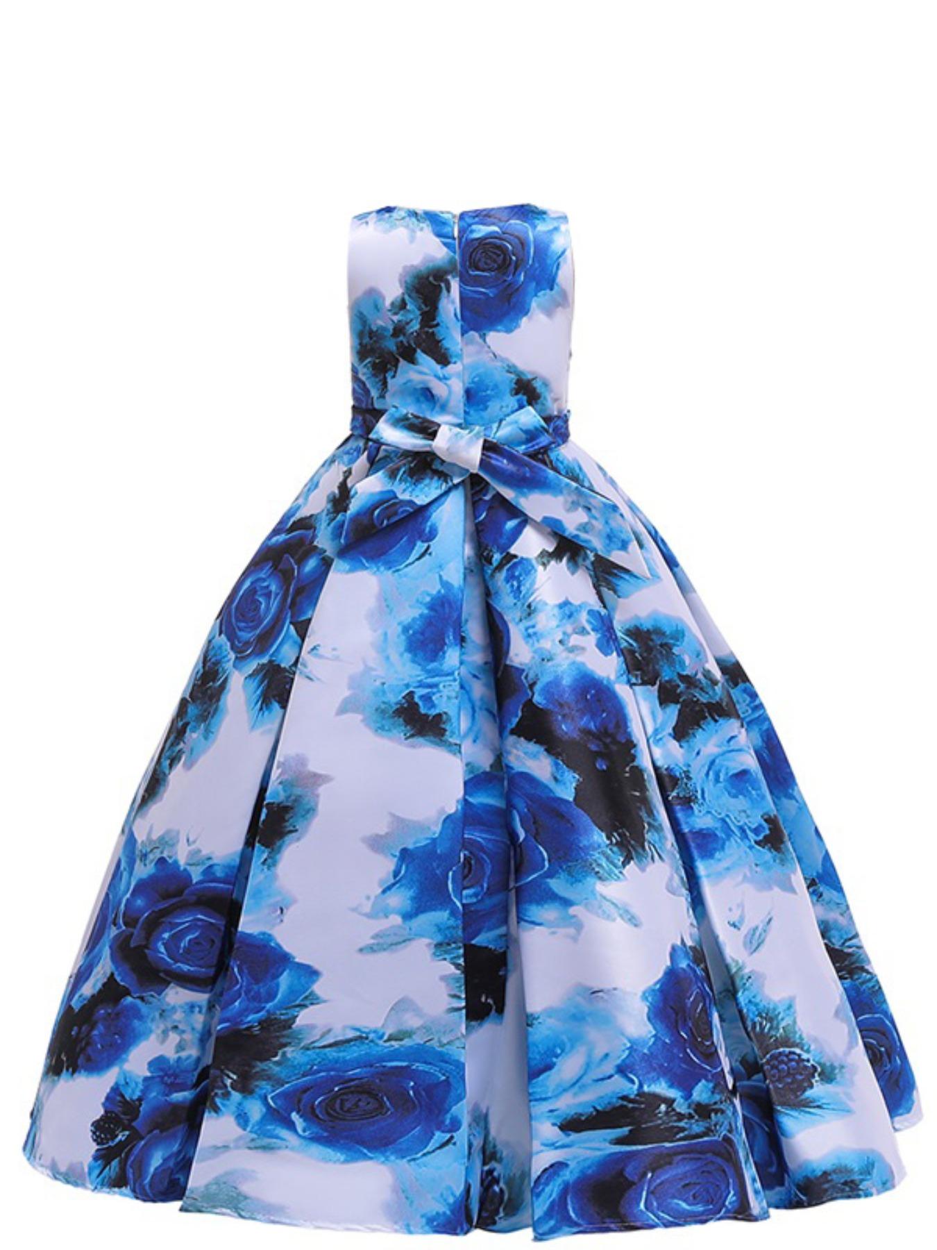 Girl's All Over Floral Print Bow Back Plicated Tank Dress, Elegant Sleeveless Round Neck Maxi Dress for Party Performance Wedding Guest, Floral Printed Dress, Kids Clothes for All Seasons
