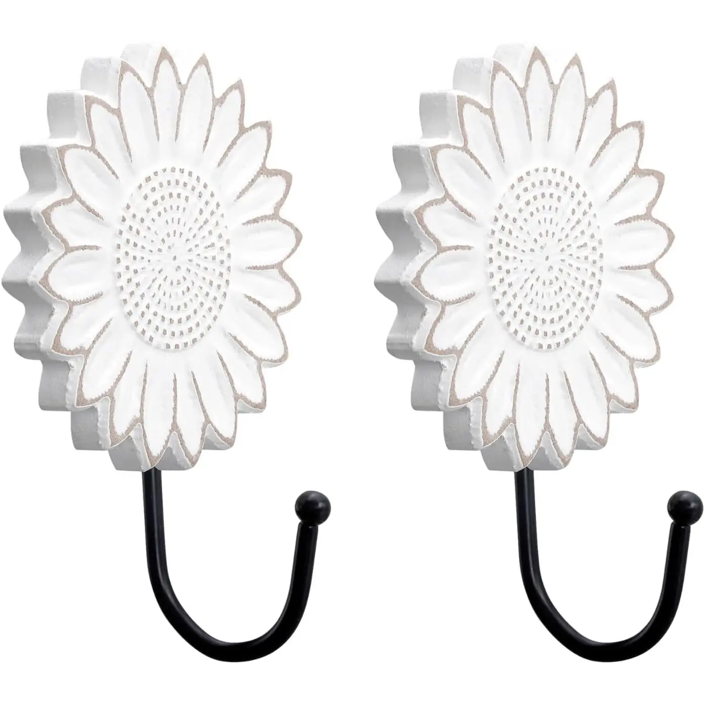 TRENDIN Rustic Wooden Sunflower Wall Hooks Set of 2, Distressed White Decorative Wall Hooks for Coats, Hats, Bags, and Keys, Farmhouse Floral Home Decor for Entryway, Bedroom or Living Room