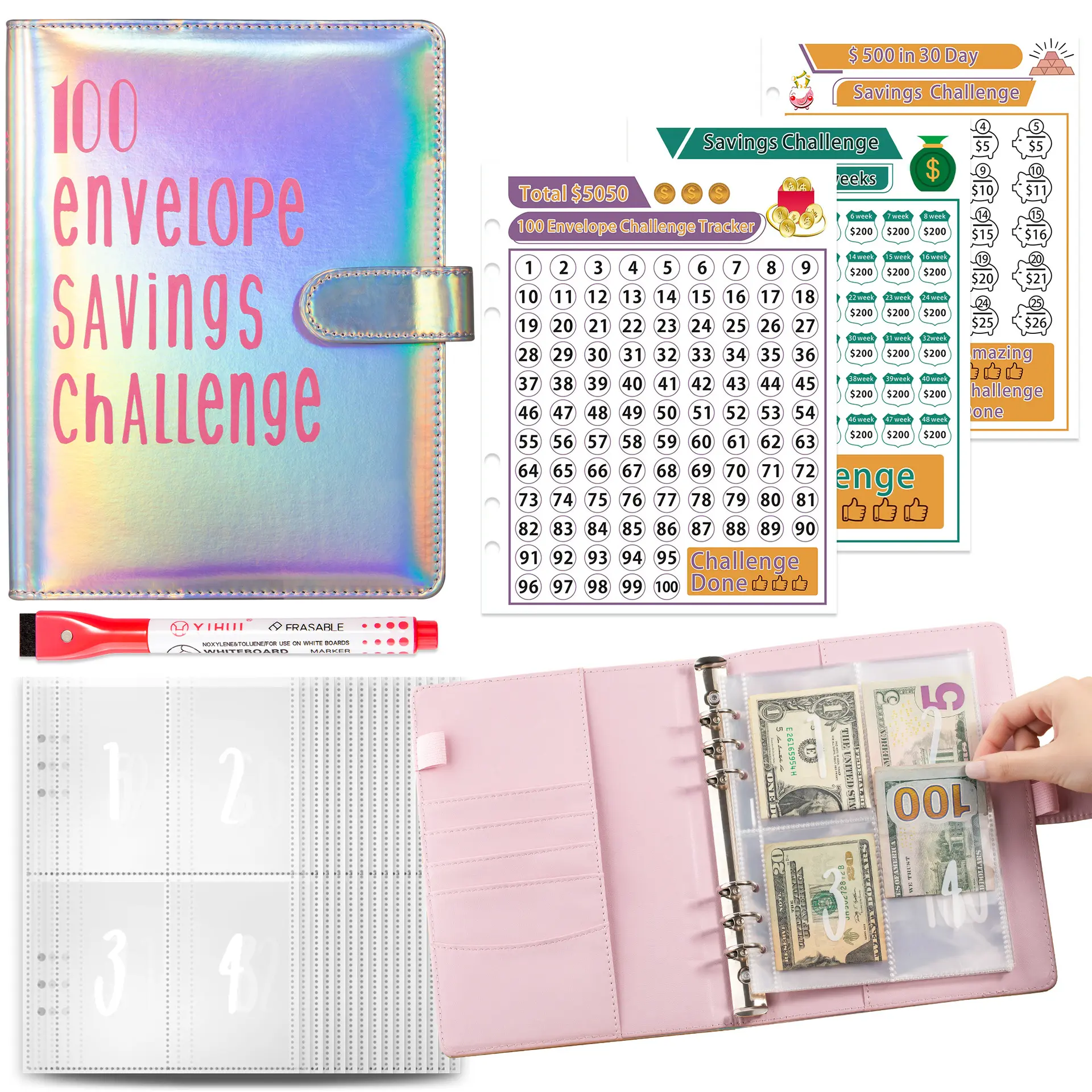Binder manual zipper cash savings storage