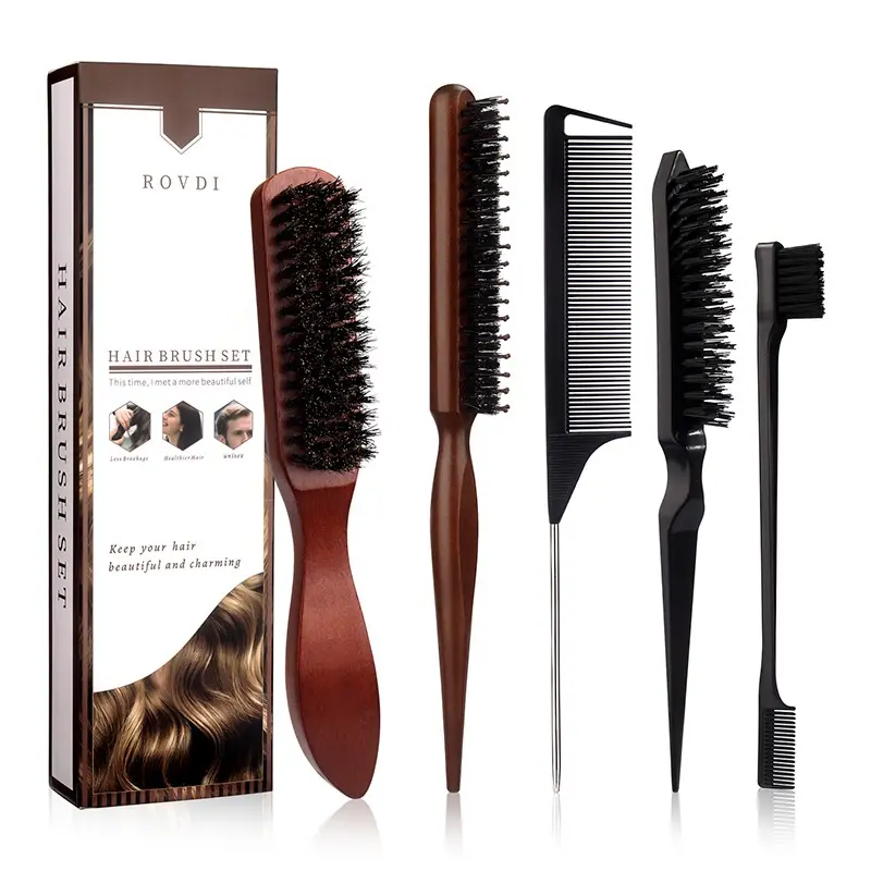 5pcs/set Deluxe Boar Bristle Hair Brush & Comb Set, Unisex Edge Control Styling Kit, Ideal for Slick Back, Teasing, Smoothing, Detangling, Volume