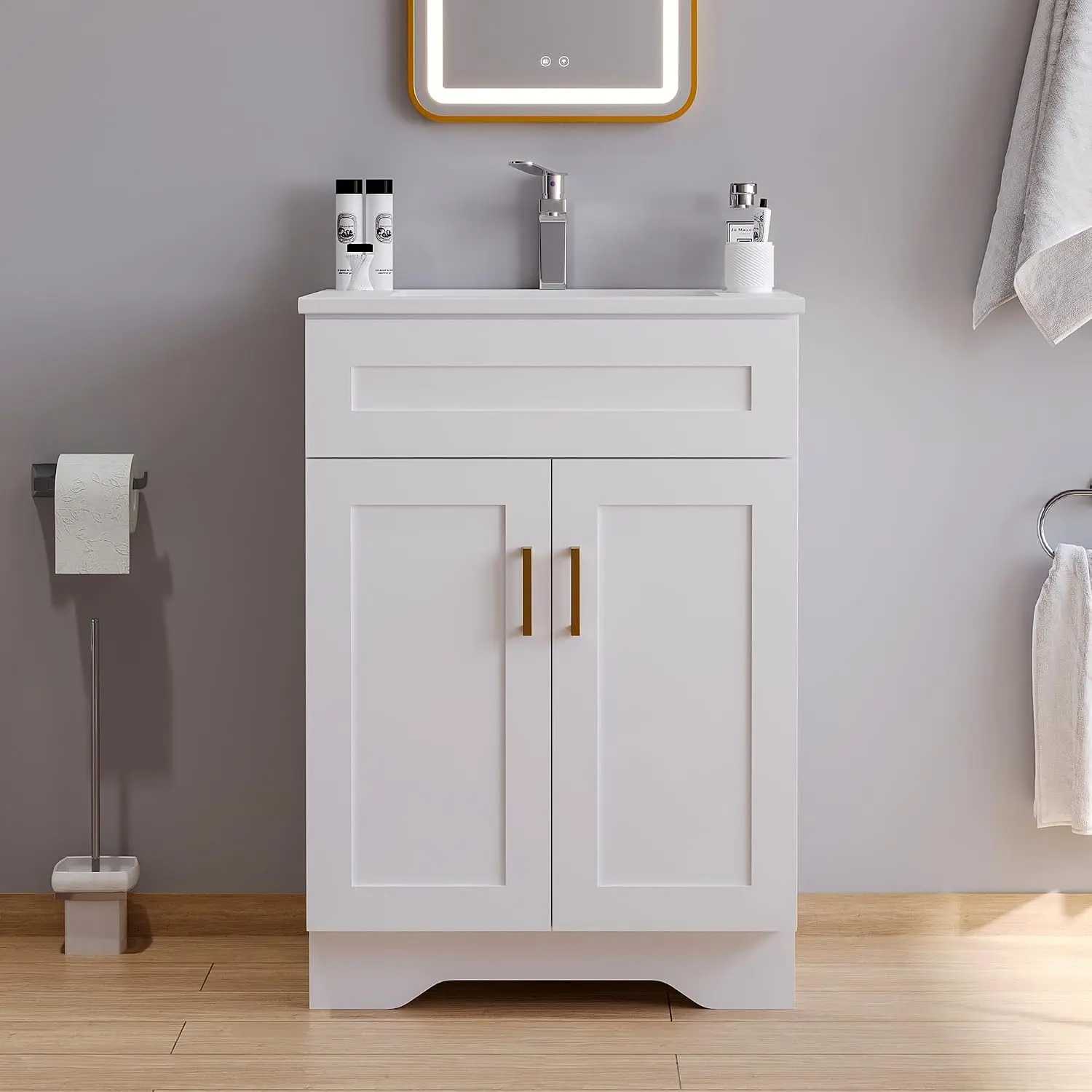 24-Inch Freestanding Wooden Bathroom Vanity Cabinet - Moisture Resistant, Double Door Design, Includes Sink and Countertop (White)