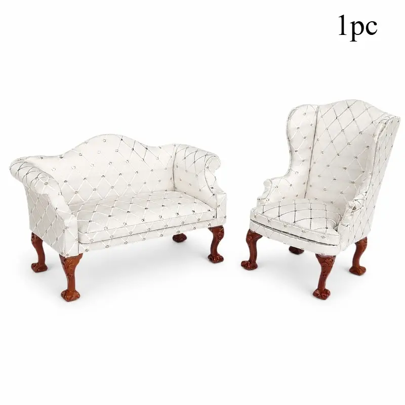 Dollhouse Miniature European White Quilted Double Sofa and Single Chair Set DIY Living Room Furniture Decor Christmas Easter New Year Gift