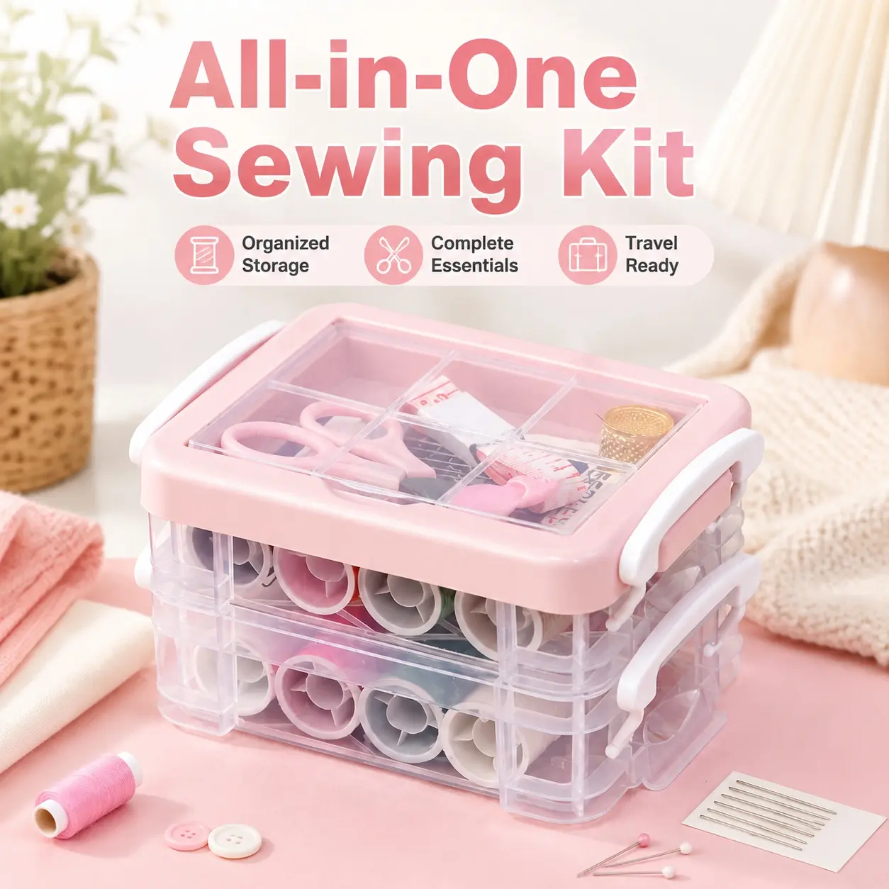 30-piece needle and thread box set - Home sewing patch kit - Portable large-sized three-layer handcrafted needle and thread storage box - Portable three-layer sewing bag - With transparent storage box - Fabric conditioner - Sewing storage