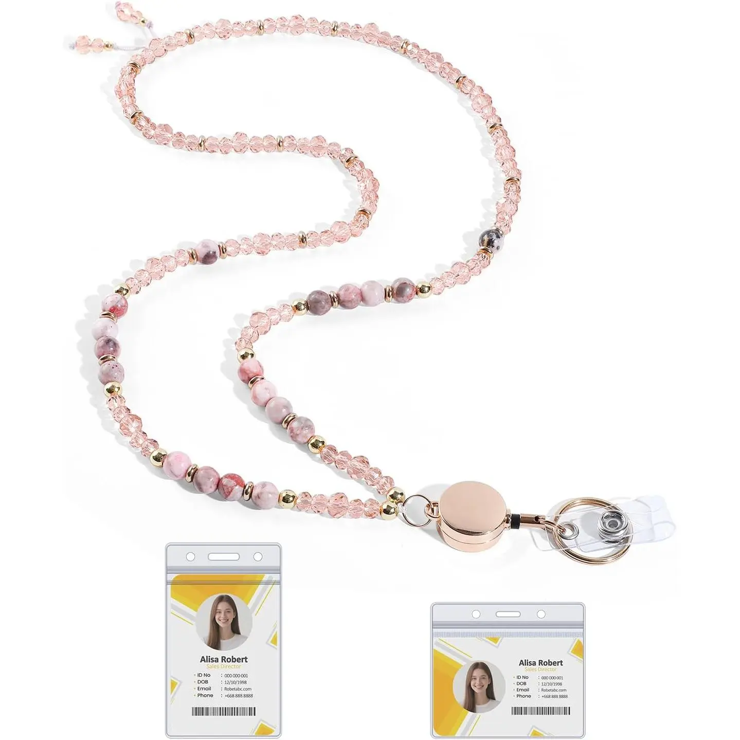 Beaded Lanyards for ID Badges and , Cute Cruise Lanyard | Retractable Teacher Lanyard with Badge Holder, Durable Reinforced Cord, Nature Stone and Glass ,
