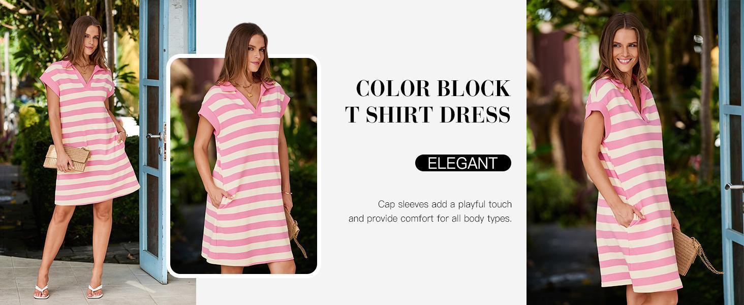Danedvi Womens Striped Summer Mini Dress Casual Cap Sleeve Polo V Neck T Shirt Dresses with Pockets Danedvi Womens Striped Summer Mini Dress Casual Cap Sleeve Polo V Neck T Shirt Dresses with Pockets