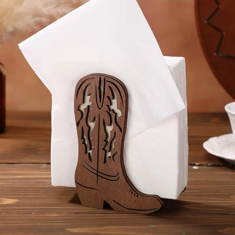 2D Flat Western Cowboy Boot Napkin Holder, Retro Rustic Brown Wooden Stand, Open Design with Sturdy Base, Ideal for Kitchens, Farmhouses, Offices & Western-Themed Events, Long-Lasting Vintage Charm