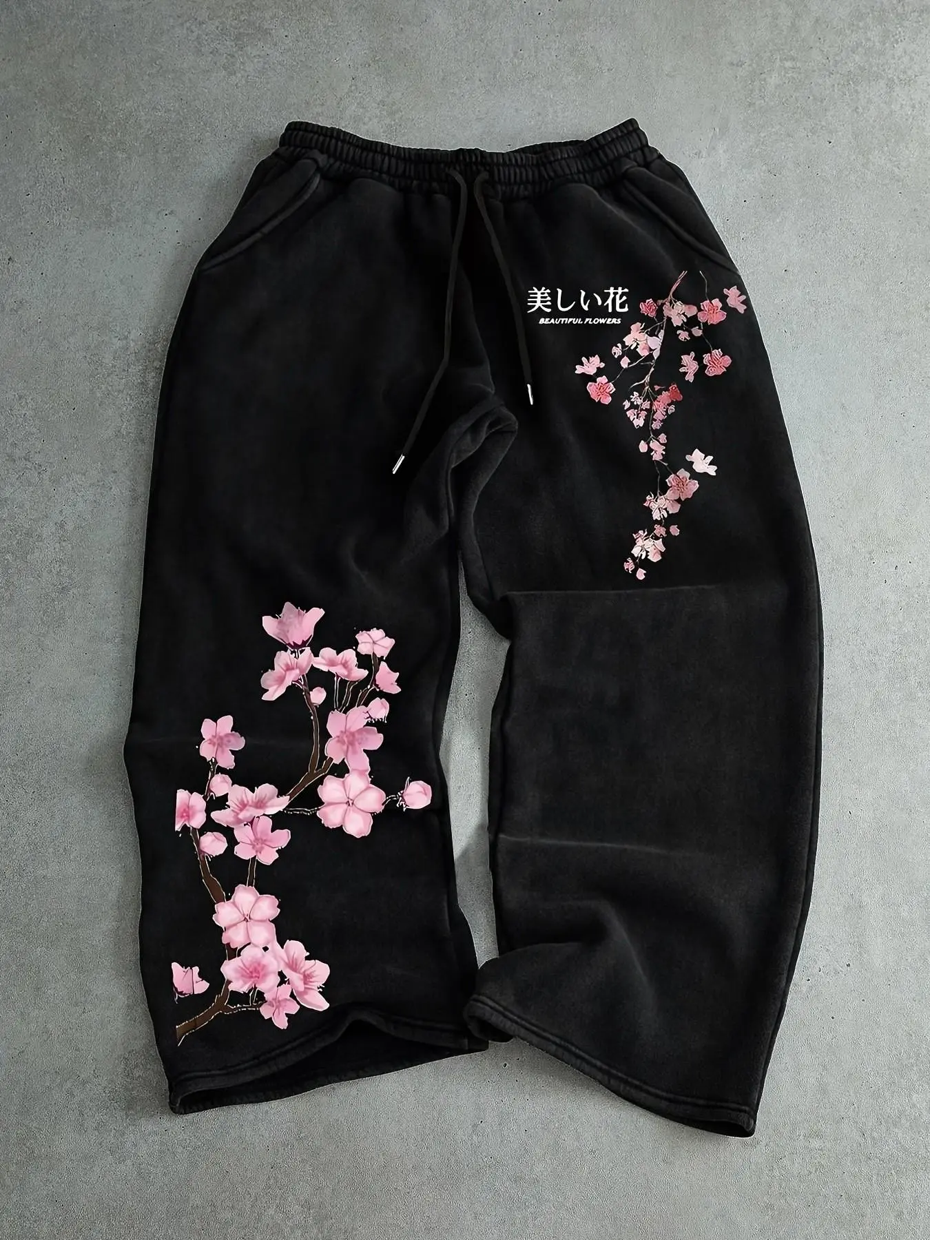 Vintage Black Cherry Blossom Print Oversized Sweatpants - Japanese Graphic Wide Leg Baggy Pants, Unisex Cozy Streetwear Loungewear, Casual Harajuku Y2K Aesthetic Daily Outfit Trousers Bottoms Clothes, Casual Style Bottoms