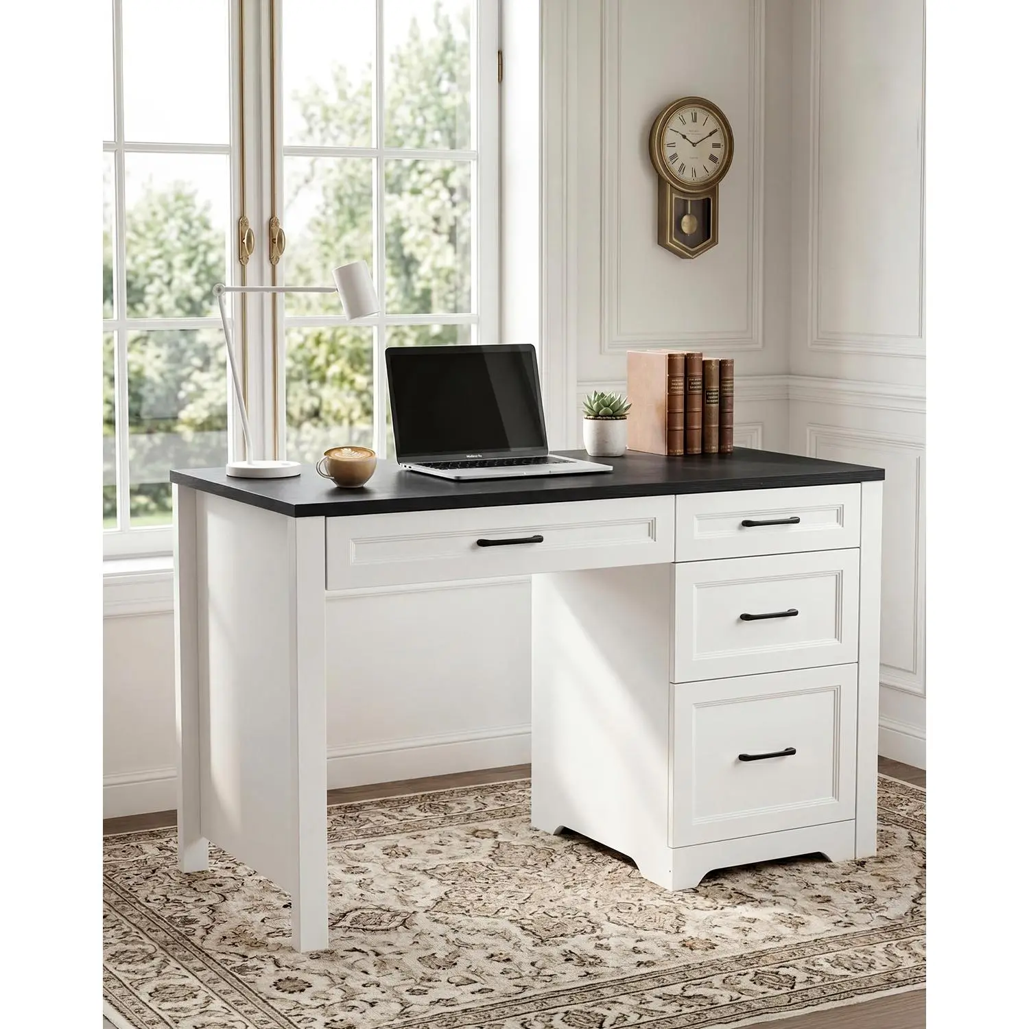 Black Farmhouse Executive Desk with File Cabinet Storage Drawers Small Home Office Desk Bedroom