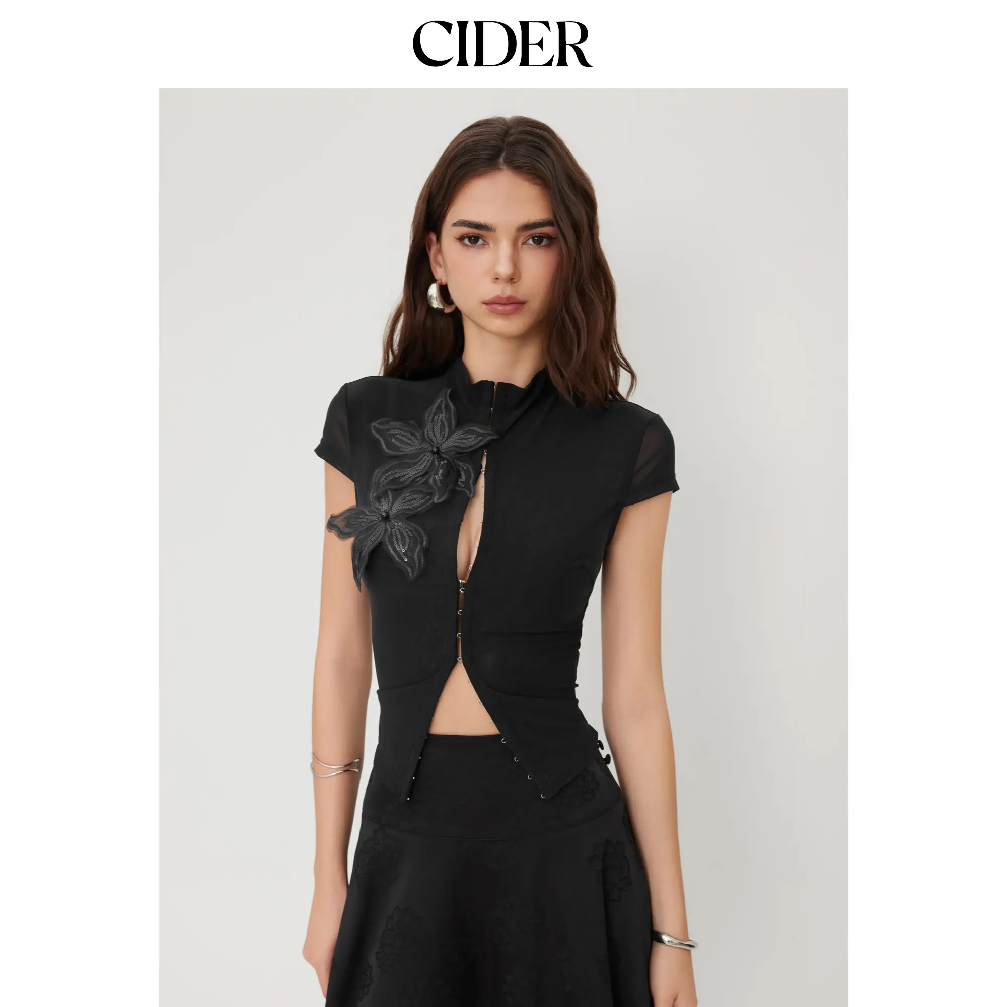 Cider Mesh Stand Collar Sequin Flower See-through Tie Front Top