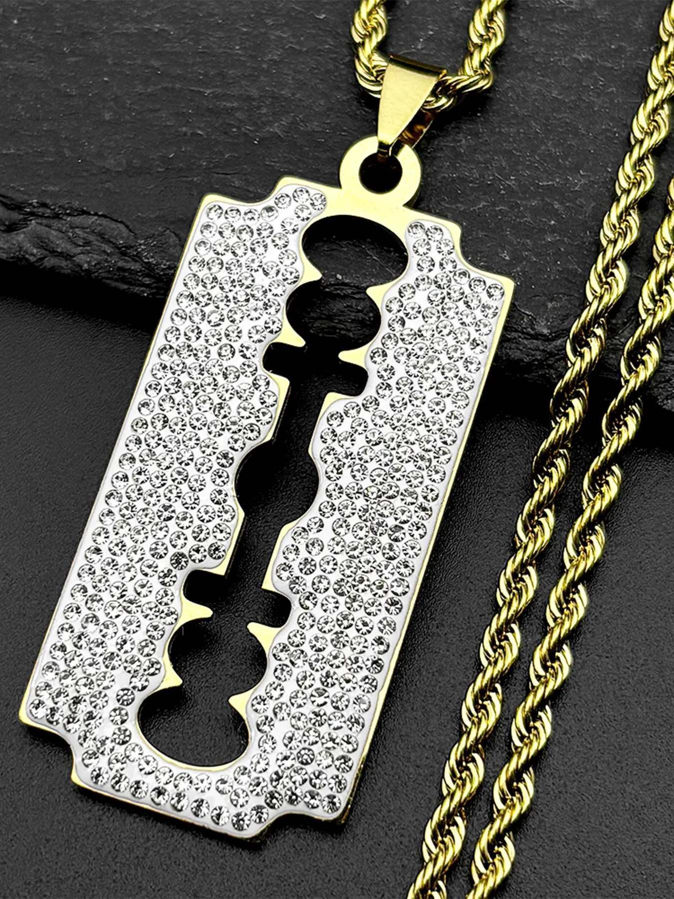 Stainless Steel Razor Blade Full Rhinestones Long Necklace for Men Women Gold Color Punk Steampunk Grunge Hip Hop Chain
