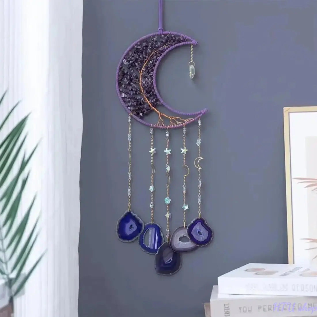 Handmade Crystal Tree of Life Dream Catcher Wall Hanging Decor with Moon and Natural Agate Pendant, Boho Chakra Energy Room Decor, Vintage Bohemian Hanging Ornament for Bedroom, Living Room, Christmas Gift for Friends & Housewarming Decor