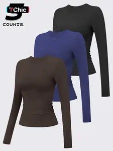 3 pcs Women's Compression Training Long Sleeve Shirts, Fitted Round Neck Yoga Tops, Moisture-Wicking Sportswear for All Seasons