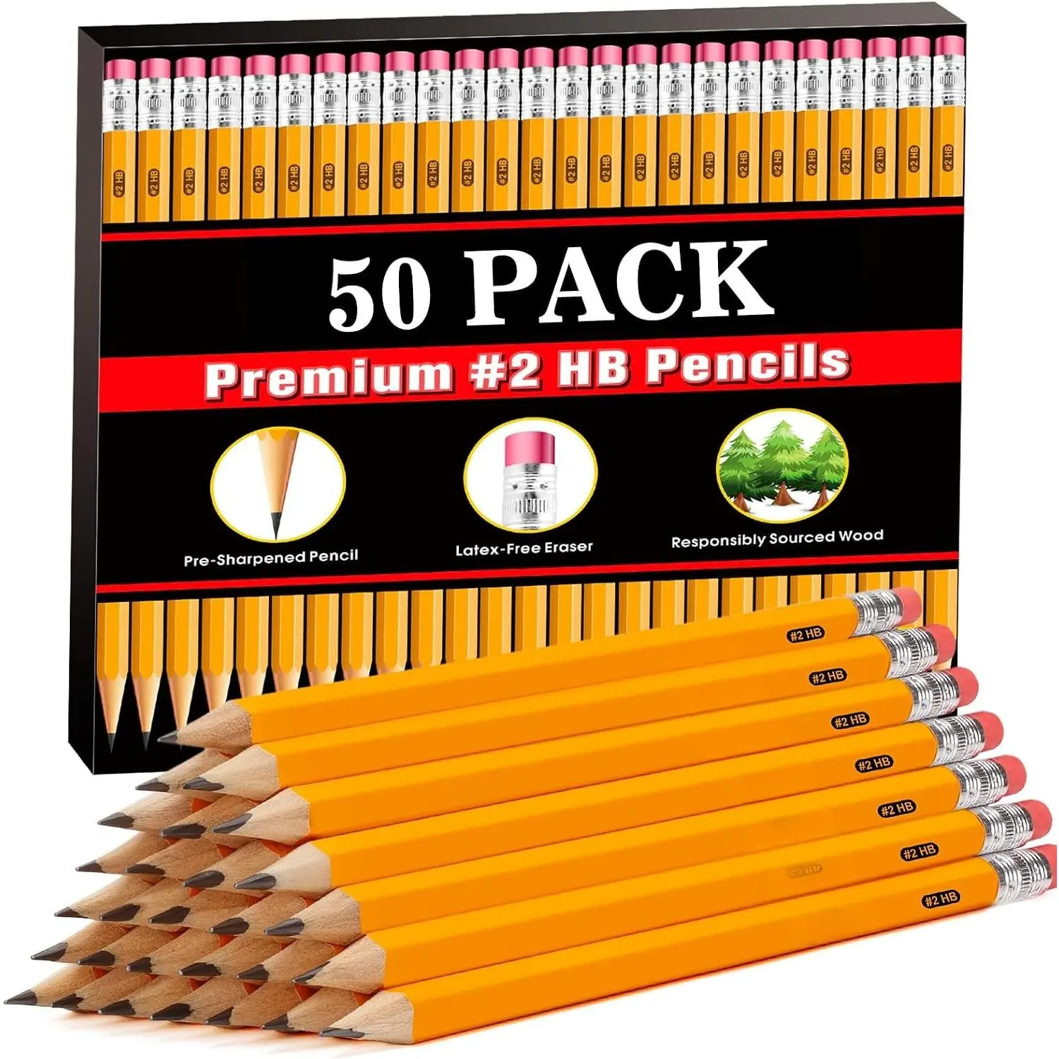 #2 HB Cased Pencils, 50-Count Bulk Pack Yellow Pencils with Erasers, Pre-Sharpened Office Stationery for School Classroom Teachers, Writing, Drawing