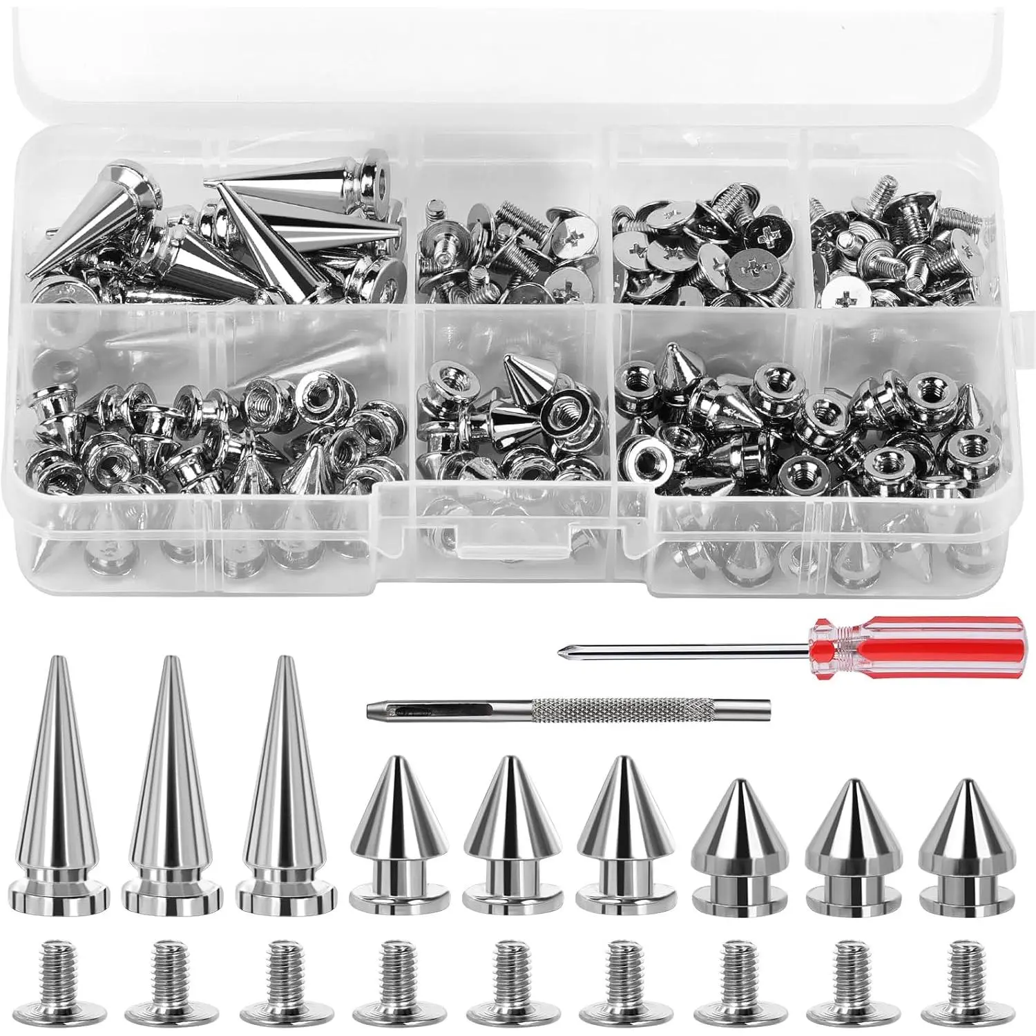 180 count Studs and Spikes, 3 Sizes Metal Cone Spikes for Clothes |  Screwback Studs Rivets, 3 Sizes Metal Tree Spikes Studs for Punk Style Clothing Accessories DIY Craft Decoration