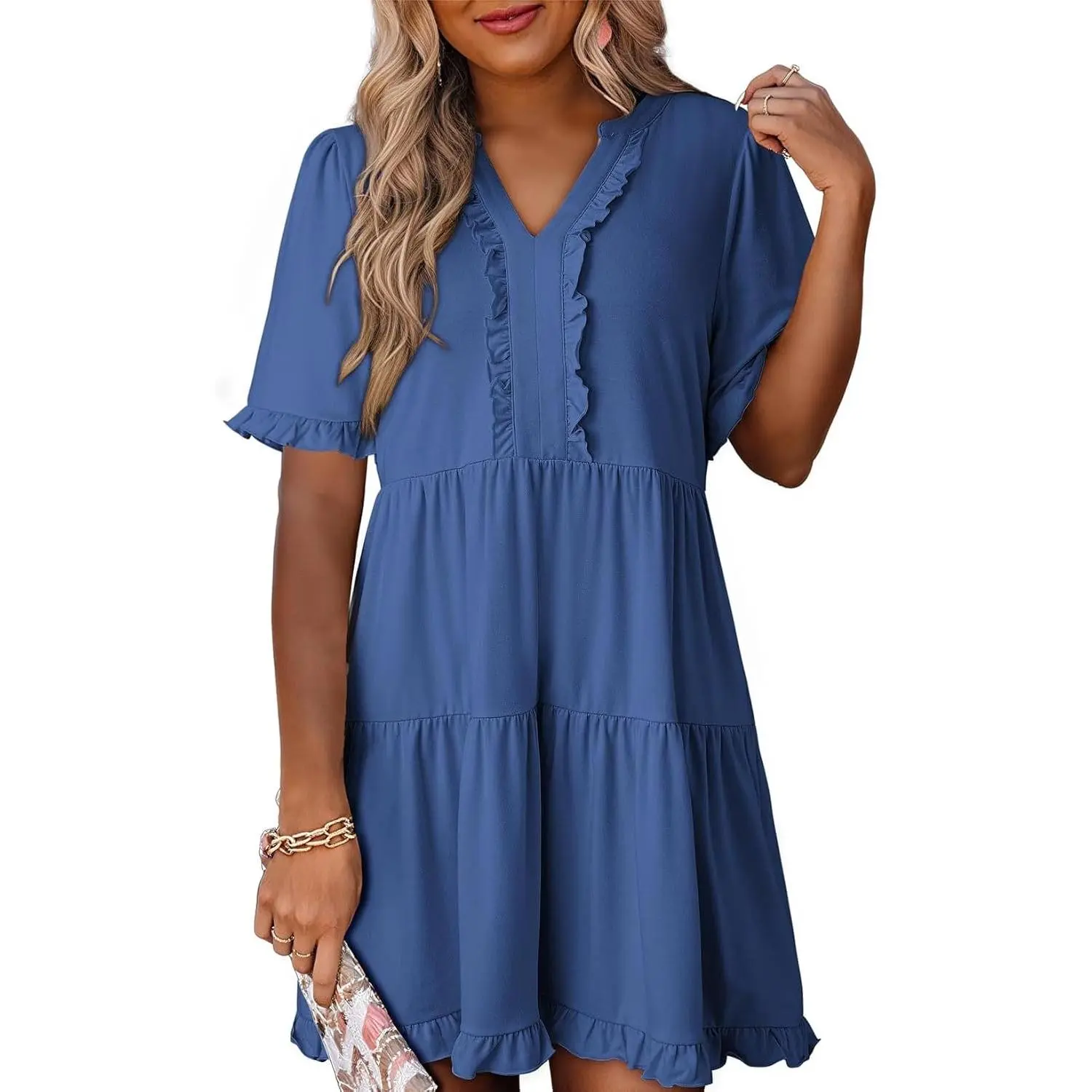 Flowy V Neck Babydoll Swing Dress Short Sleeve Tiered Ruffle Mini Dress for Casual Summer