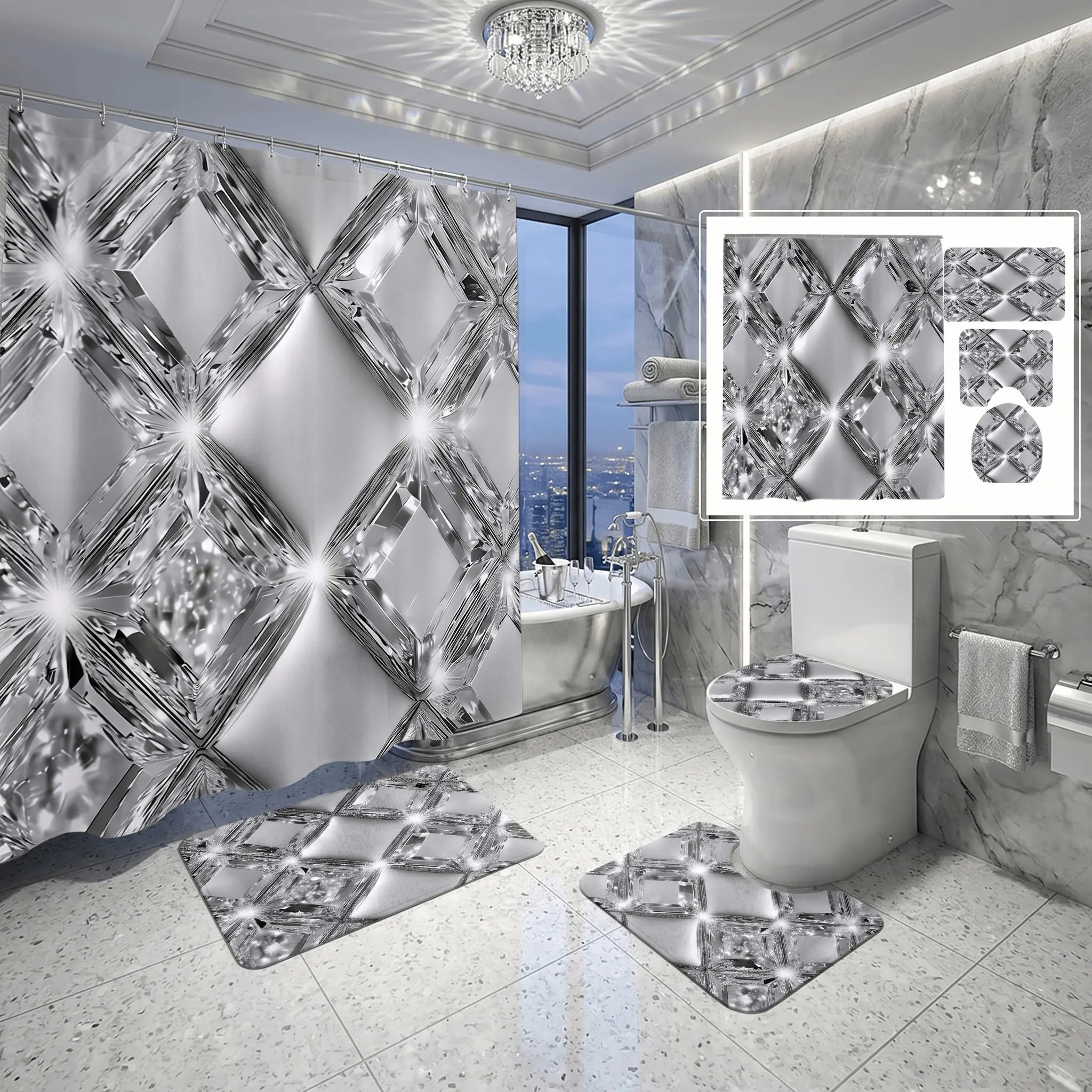 4pcs Luxury Diamond Glitter Shower Curtain Set, Silver Color Tufted Crystal Rhinestone, Bathroom Decor with Rugs and Mat, The floor mat fabric is thicker and softer! legant Anniversary Party Holiday Bathroom Decor Set