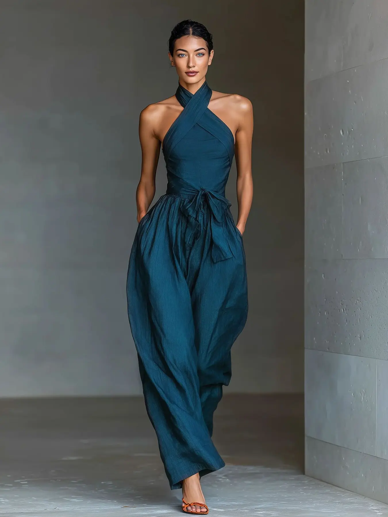 A4055 Luxurious Wrap Neck Romper with Belt and Hidden Pockets, Wide Leg Design, Casual Style, Plain Surface, High-Quality Material