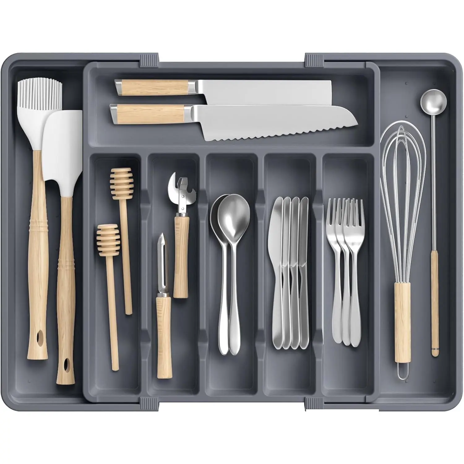Large Silverware Organizer,Expandable Utensil Drawer Organizer, Utensil Holder,Adjustable Silverware Tray Cutlery Drawer Organizer for Kitchen Flatware,Large,Grey (6-8 Slots)