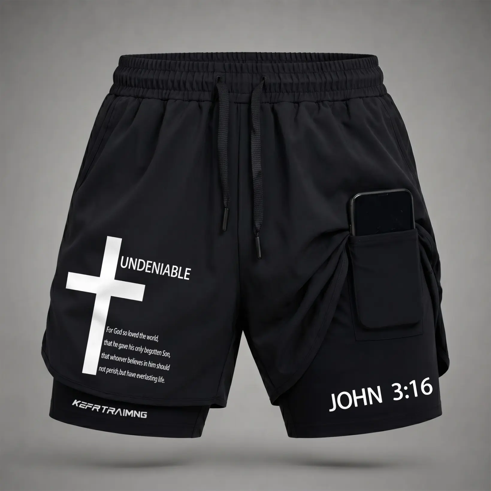 Men’s Faith-Based Cross Scripture 2-in-1 Running Shorts, John 3:16 Graphic Print, Built-in Compression Shorts, Utility Inner Phone Pocket, Drawstring Quick-Dry Sports Shorts for Summer