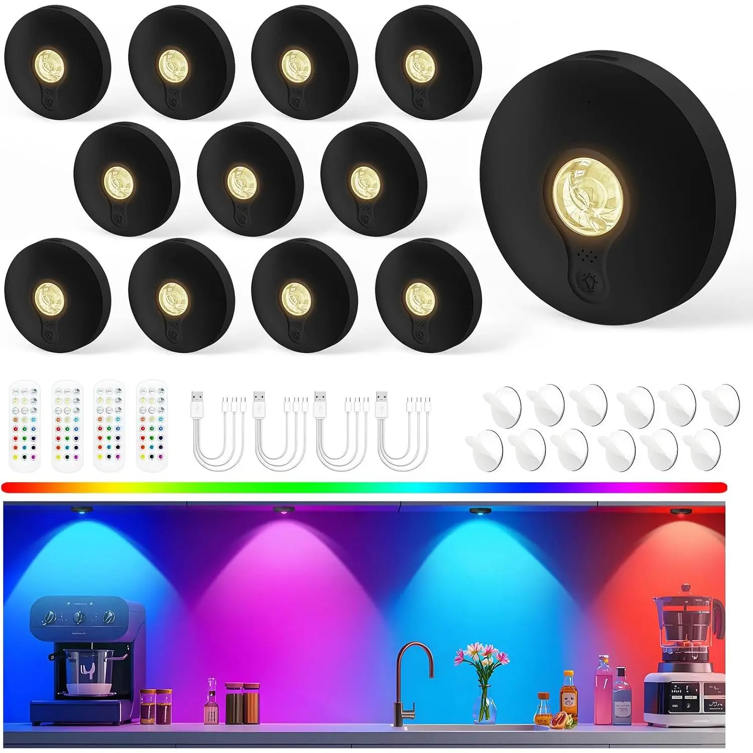 Rechargeable Puck Lights with Remote, 12 Pack Magnetic Under Cabinet Lighting, 1500mAh Battery Operated LED Tap Lights with Dimmer & Timmer for Kitchen, Closet, Shelf - 3 Color Temps & 12 RGB, Rent Friendly LED Decor Lights，Black White T065