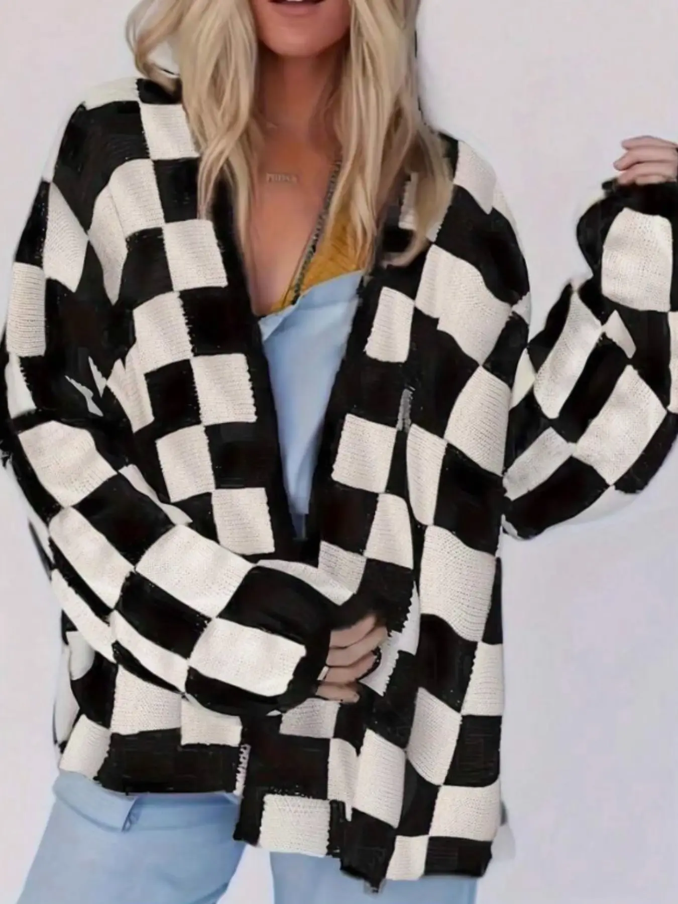Plus Size Plaid Drop Shoulder Baggy Cardigan, Casual Long Sleeve Knit Top, Fall Winter Women's Fashion, Colorblock Design, Daily Wear