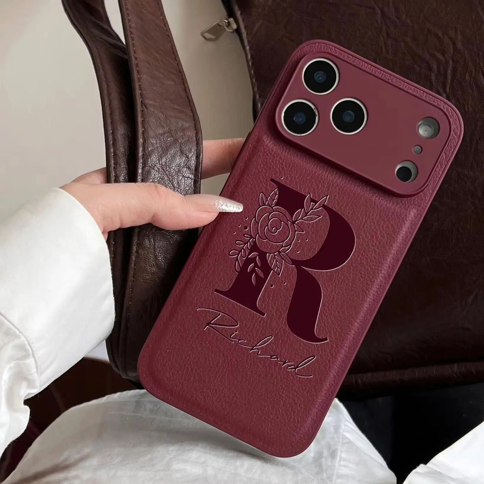 Luxury Personalized Name Initial & Big Flower-Design Phone Case, Mobile Phone Accessories, Cover for iPhone 17, 17 Air, 16, 15, 14, 13 Pro Max Plus