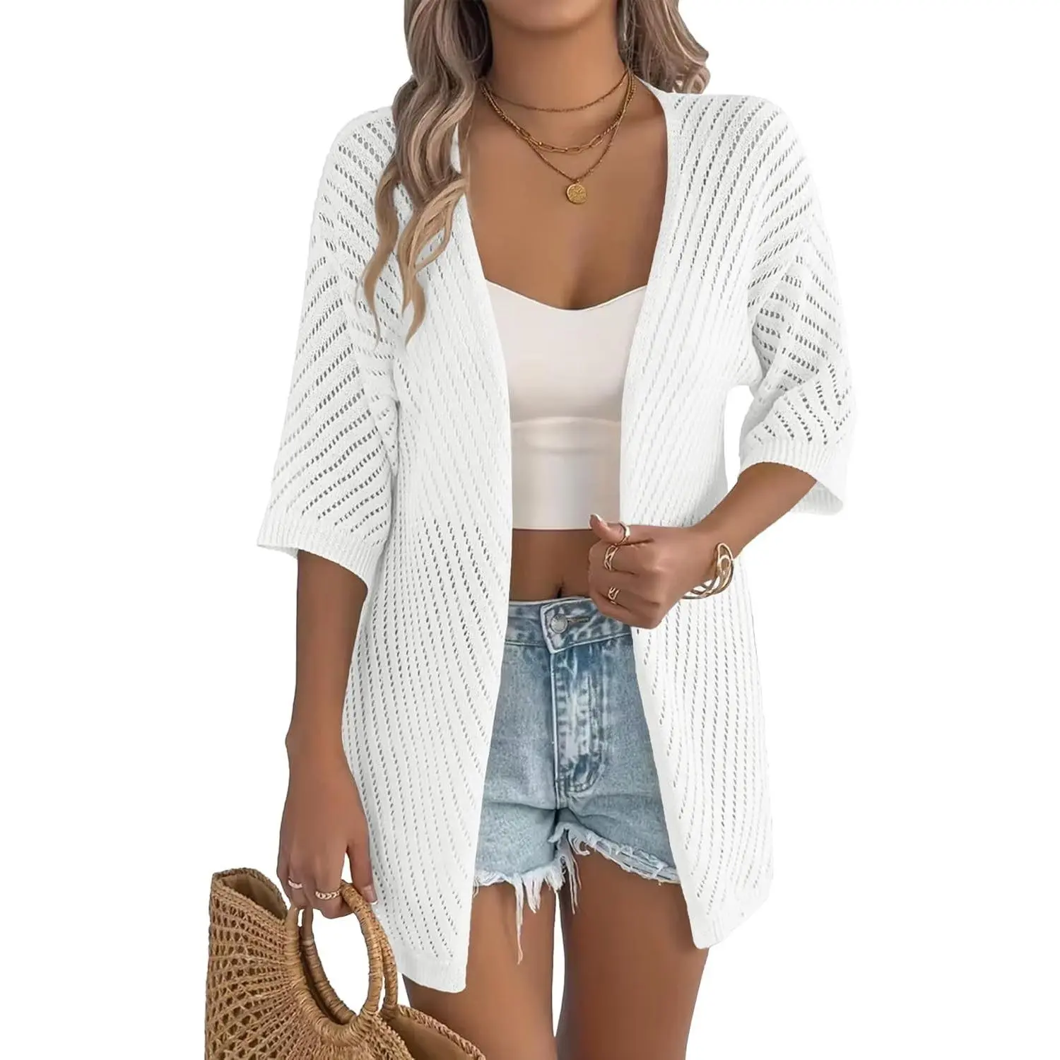 Women's Lightweight Summer Short-Sleeve V-Neck Breathable Crochet Kimono Cardigan - Loose Open-Front Hollow-Out Cover Up for Bikini, Dress, Cold Wash, Casual Sports & Outdoor Accessory, Elegant Knit