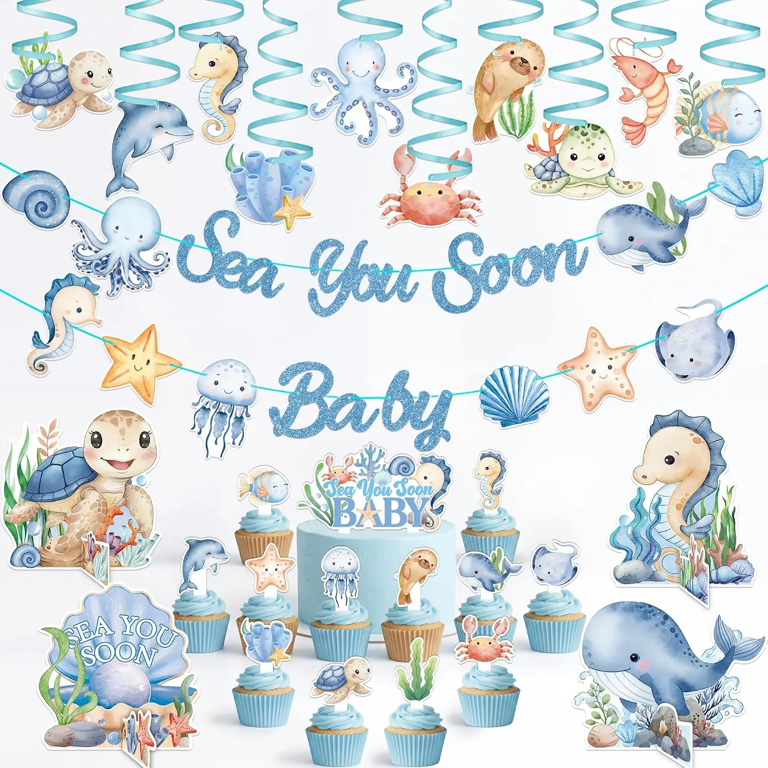 GRULLIN Blue Sea You Soon Baby Shower Decorations Kit, Ocean Theme Party Supplies with Banner, Hanging Swirls, Table Centerpieces and Backdrop, Nautical Under The Sea Party Decor Set