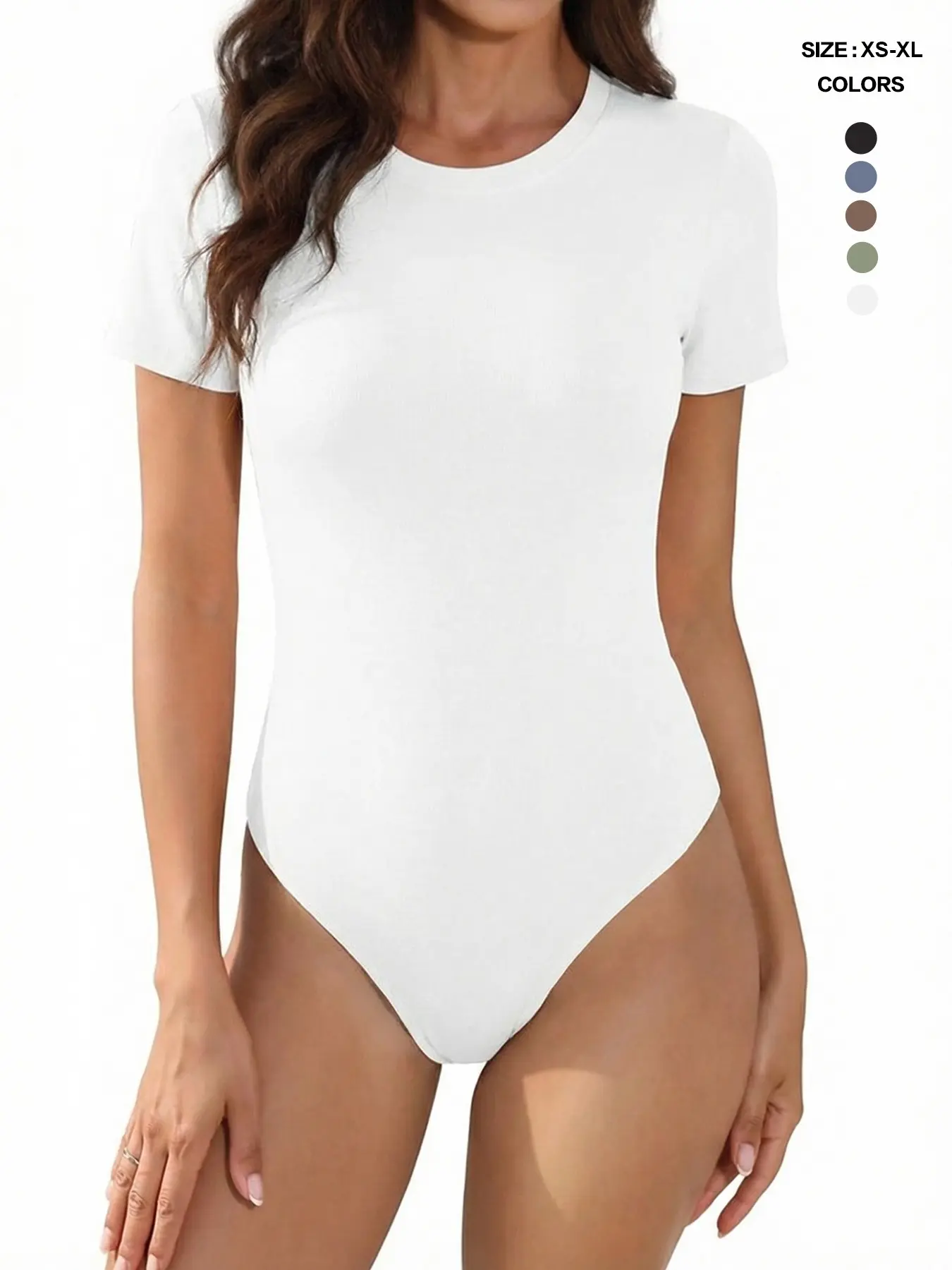Women's Sexy Short Sleeve Bodysuit, Round Neck Stretchy Soft Basic T-Shirt, Solid Color Ribbed Jumpsuit, Casual Tank Tops for All Seasons