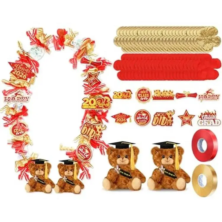 2 Pcs Graduation Bear Candy Leis for Class of 2026, Red & Gold Graduation Leis Graduation Candy Leis Stuffed Animal Graduation Necklace DIY Kit for Preschool Kindergarten Elementary 5th Grade High School College Graduatin Gifts