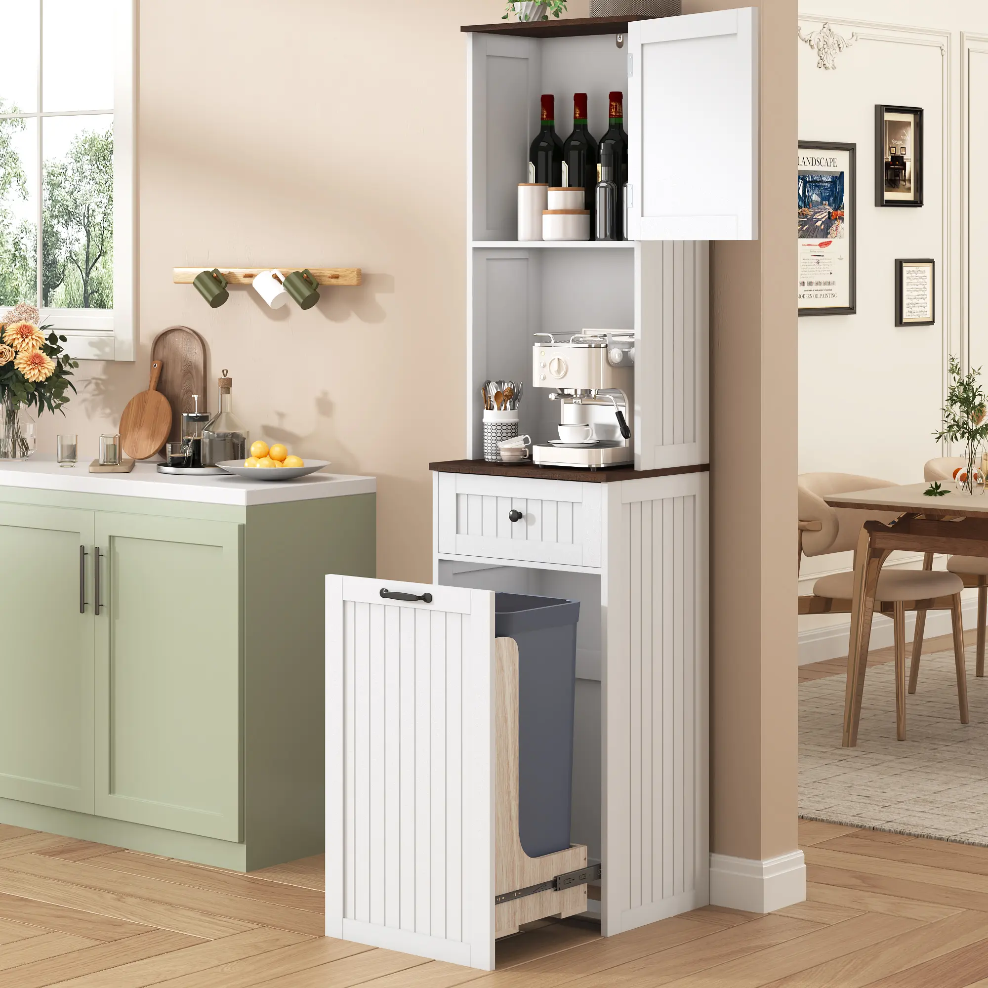 Modern Home Storage Cabinet - Space Saving Furniture with Hidden Drawer, Charging Station, Built-In Bins, Dual Storage, Kitchen Organizing & Entryway Corner Display Cabinet, Cabinet Kitchen Furniture