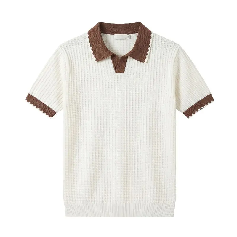 Men’s Textured Polyester Summer Polo Shirt - V-Neck, Short Sleeve, Scalloped Contrast Cuffs, Loose-Fit, Medium Length, Breathable, Machine Washable Business Casual Top #SummerWins, Menswear
