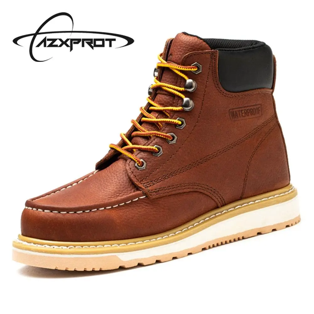 AZXPROT Men's 6-Inch Cowhide Leather Work Boots - Plain Round Toe, Waterproof, Breathable, Lightweight Non-Slip Sole for Worker, Hiking & Light Outdoor Use