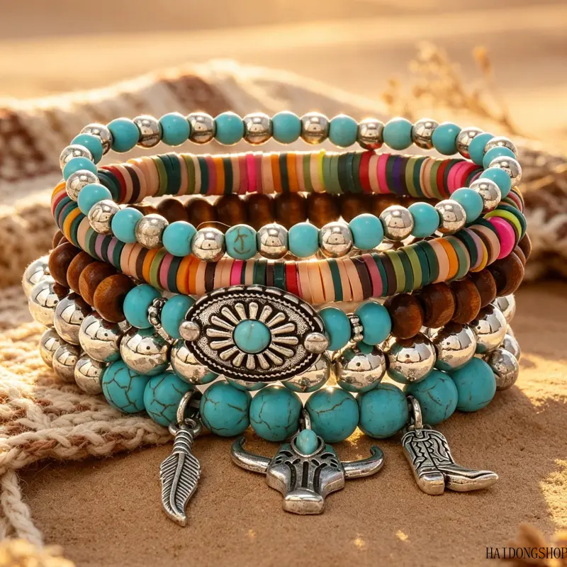 Viral Western Cowgirl Aesthetic Turquoise Bull Head Hat Layered Stretch Beaded Bracelet Set, Multi-Piece Stackable Country Boho Wrist Jewelry, Trendy Accessory For Daily Wear Country Music Festival Outfit Styling