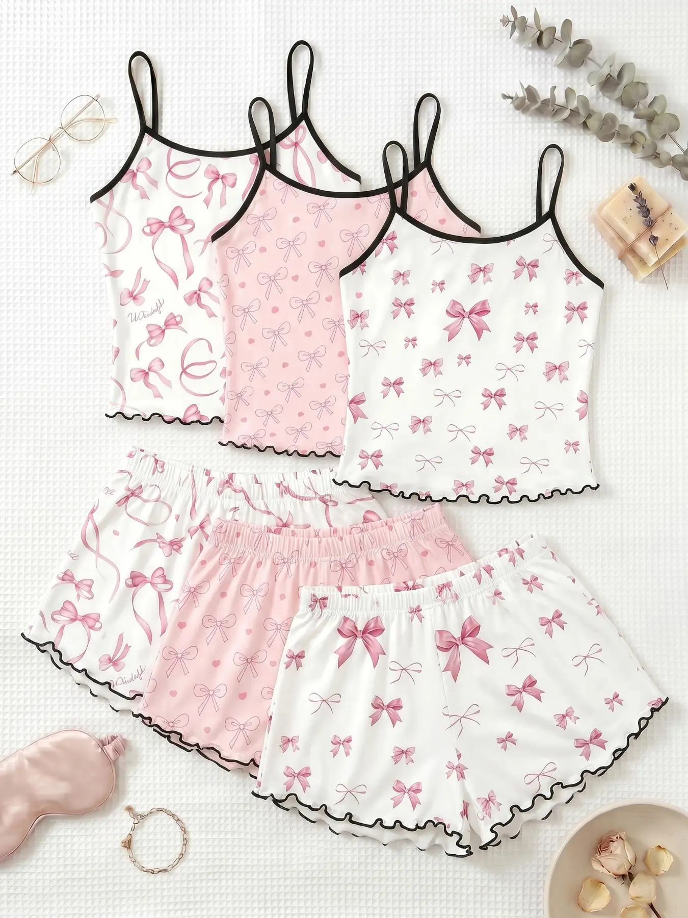 3-Piece Set Butterfly Knot Print Tank Top Shorts Pajamas Loungewear, Trim Ruffle Design, Sweet Cool Girl Style, Breathable Home Sleepwear, Ruffled