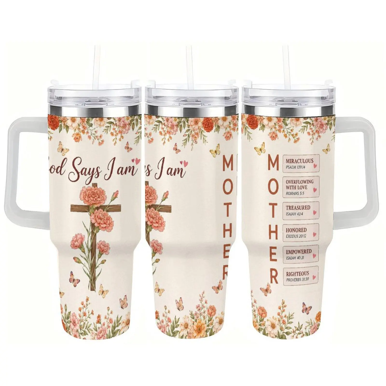 God Says I Am Mother Christian Tumbler for Moms, Faith Floral Cross Cup, Inspirational Christian Mom Gift, Meaningful Mother's Day Gift for Christian Women, Grandma, Prayer Mom
