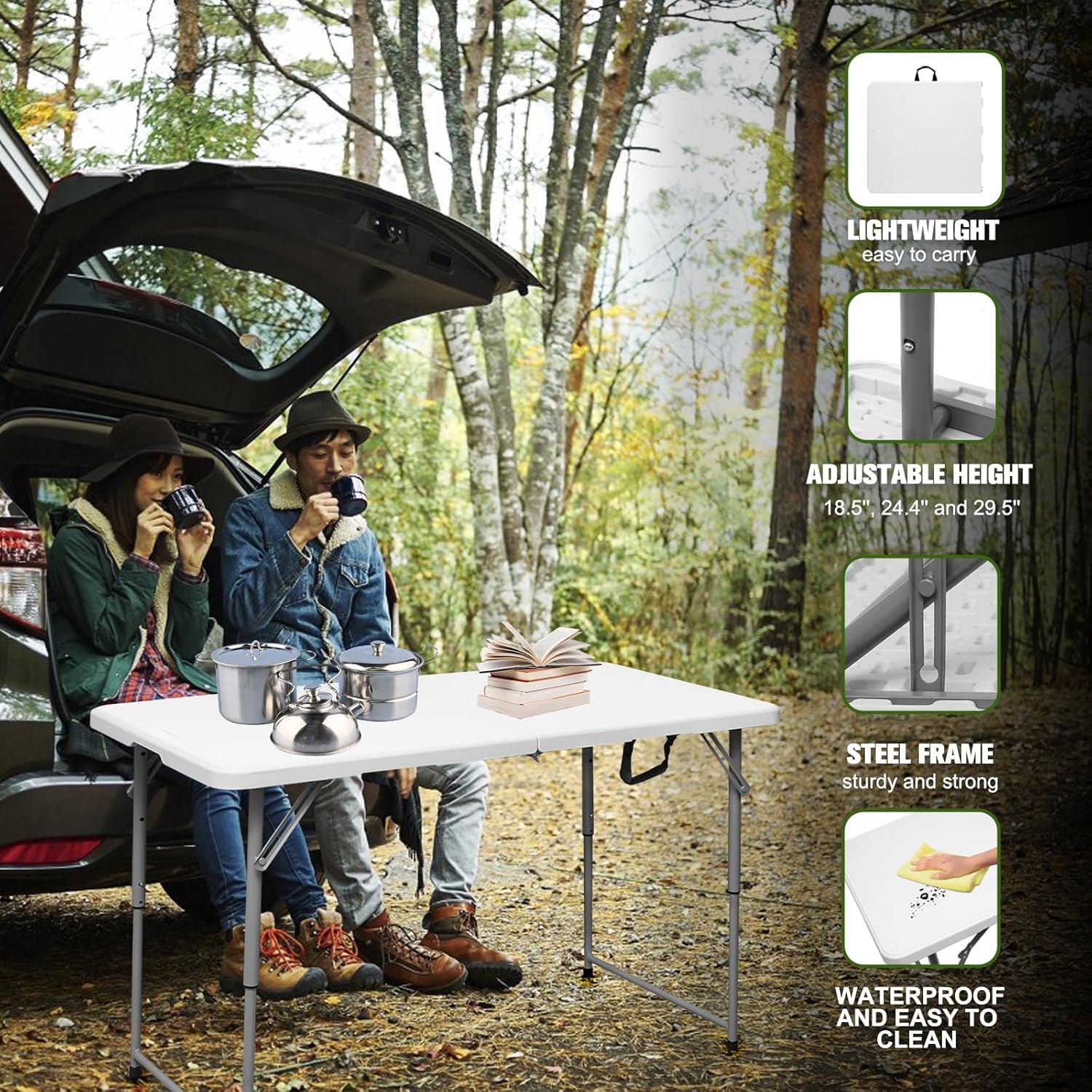 Folding Table 4 Foot Portable Heavy Duty Plastic Fold-in-Half Utility Table Small Indoor Outdoor Adjustable Height Folding with Carrying Handle, Camping and Party,White Folding Table 4 Foot Portable Heavy Duty Plastic Fold-in-Half Utility Table Small Indoor Outdoor Adjustable Height Folding with Carrying Handle, Camping and Party,White