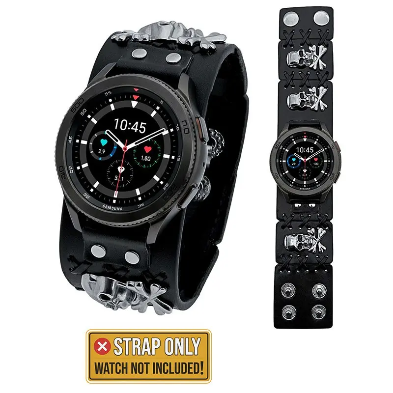 Leather+metal skull mixed punk style strap, compatible with Samsung Galaxy Watch 8 Classic 4 5 Pro 6 7 Ultra 2 strap accessories, Smartwatch Replacement Straps