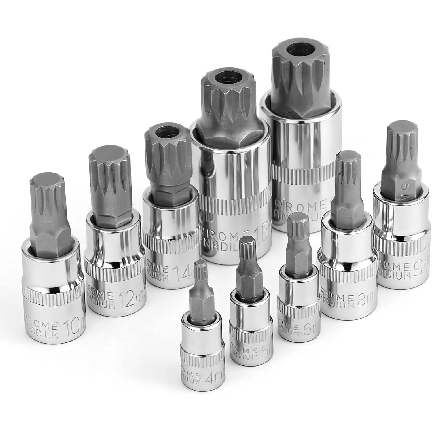10-Count Triple Square Spline Bit Socket Set - S2 Alloy Metric Size Bits (M4-M18), Cr-V Sockets for Professional Hand Tool & Wrench Uses