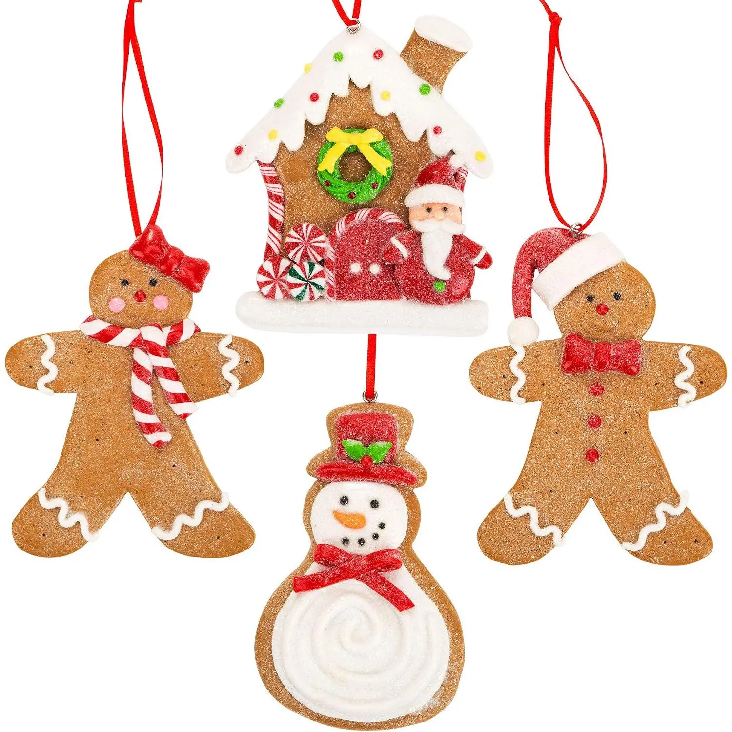 Gingerbread Christmas Ornaments - Man Boy Girl Gingerbread House Snowman Cookie Rustic Christmas Decorations Set of 4 - Claydough Christmas Tree Decorations - Christmas Tree Ornaments with  Box