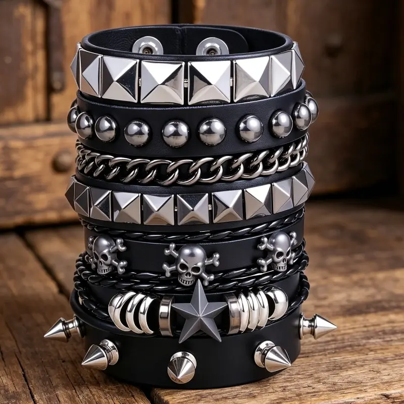 Unisex 5pcs Gothic Punk Multilayered Bangles Set, PU Leather Stacking Cuffs with Studs, Chains, Skull Charms, Adjustable Gothic Alt Style Punk Accessories, Chain Jewelry Bracelets & Bangles for Daily Casual Wear