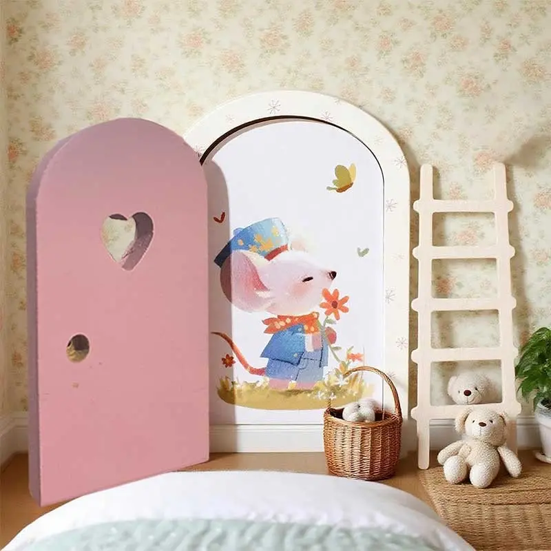 Fairy Door for Wall - Wood Cartoon Fairy House, Whimsical Magical Wooden Decorative Entrance with Artistic Detail, Holiday Party Supplies, Home Dorm Apartment Decor for Playrooms