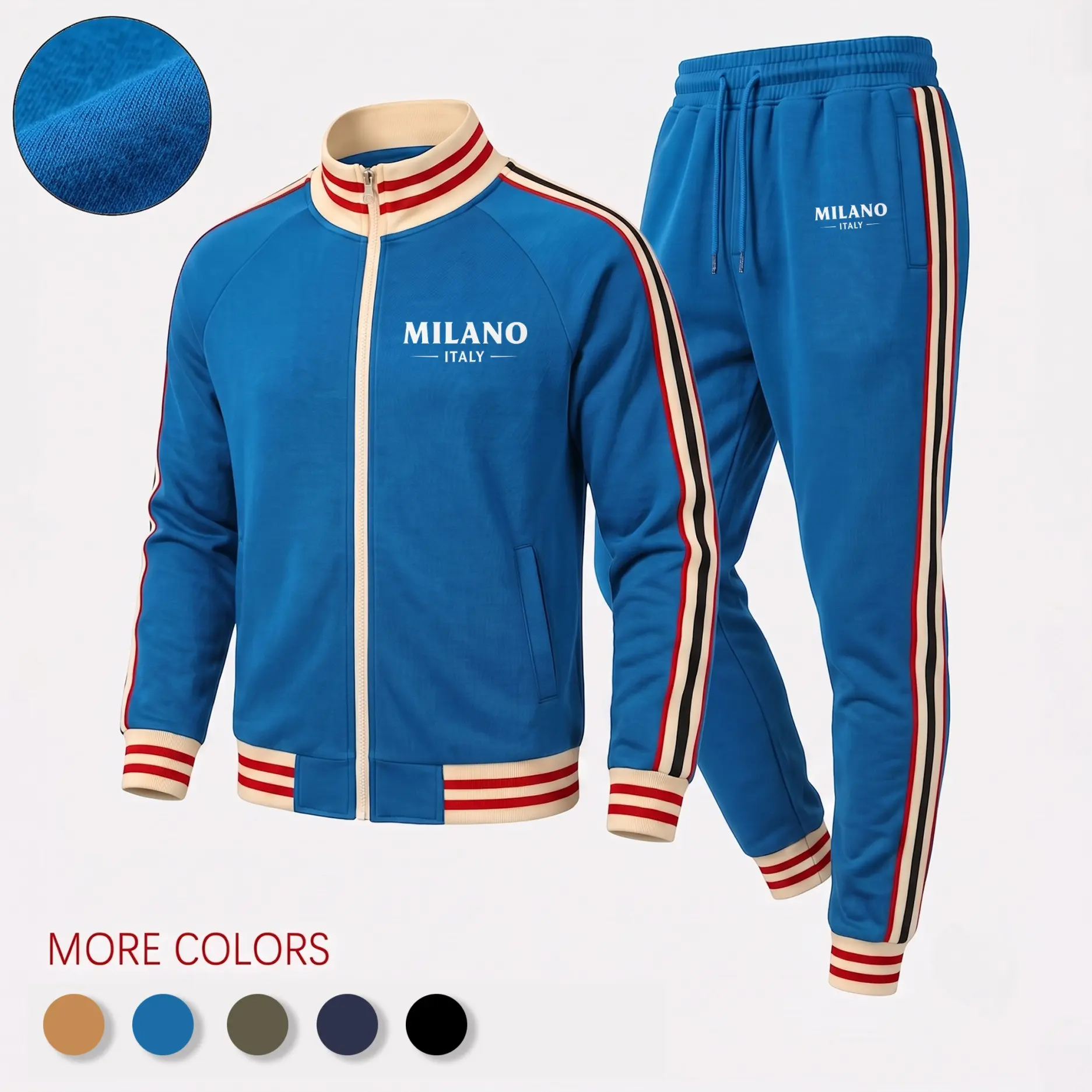 Men’s Retro Milano Graphic Two Piece Tracksuit, Zip Track Jacket with Ribbed Trim and Matching Elastic Waist Jogger Pants, Contrast Side Stripe Sportswear Set for Casual Wear, Walking and Travel