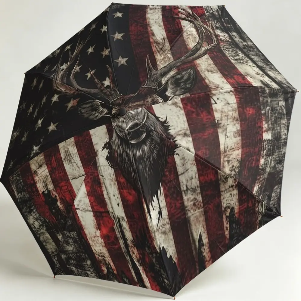 American Flag Deer Head Umbrella, Handheld Folding Umbrella, 8-Rib Durable Design, Outdoor Gear, Christmas/birthday Gift, Rain and Sun Protection