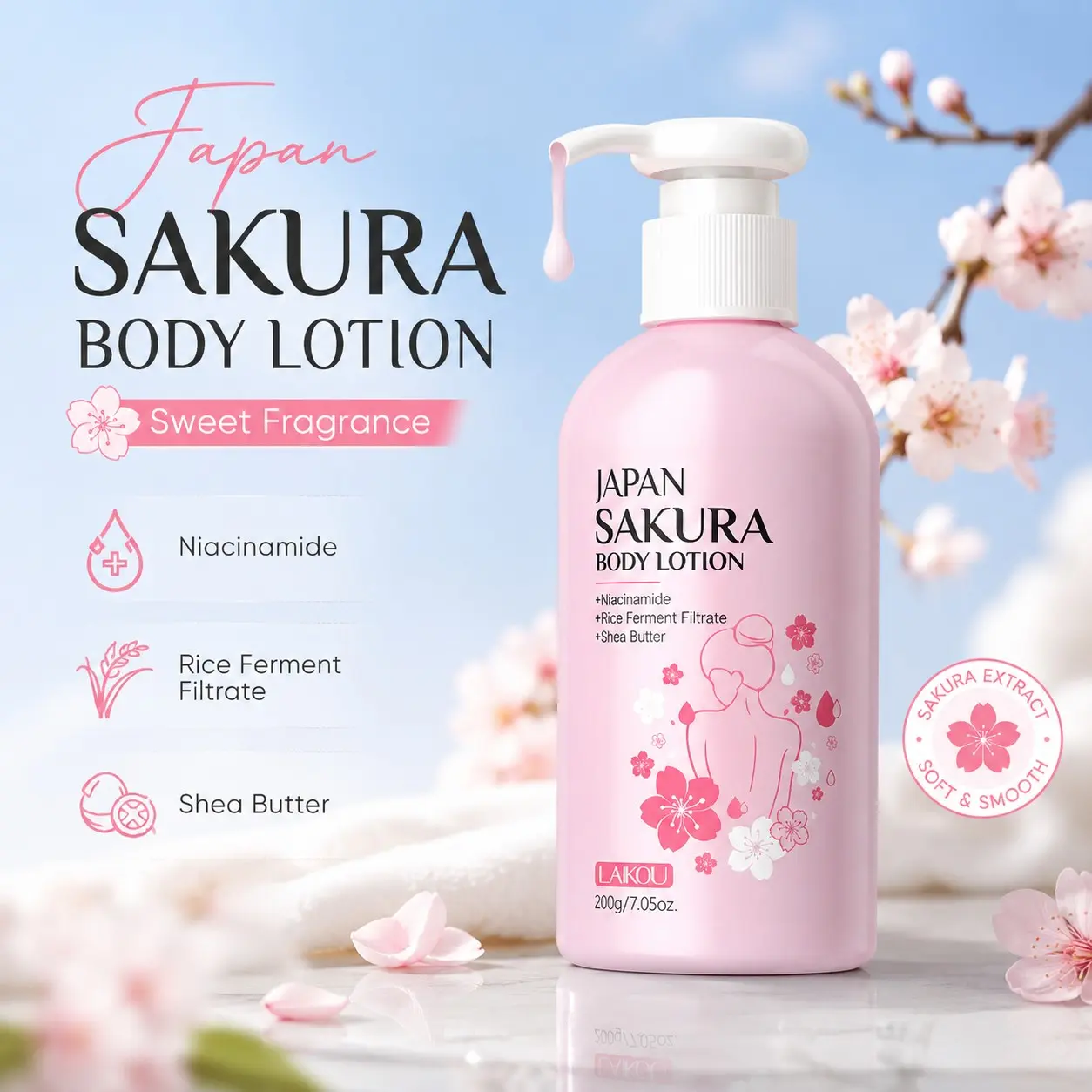 Sakura Body Lotion 200g Cherry Blossom Niacinamide Shea Rice Brightening Hydrating Smooth for Dry Dull Skin Post Shower Daily for Women Fast Absorbing Long Lasting Floral Scent Radiant Glowing Skin Essential Moisture Body Care Moisturizers